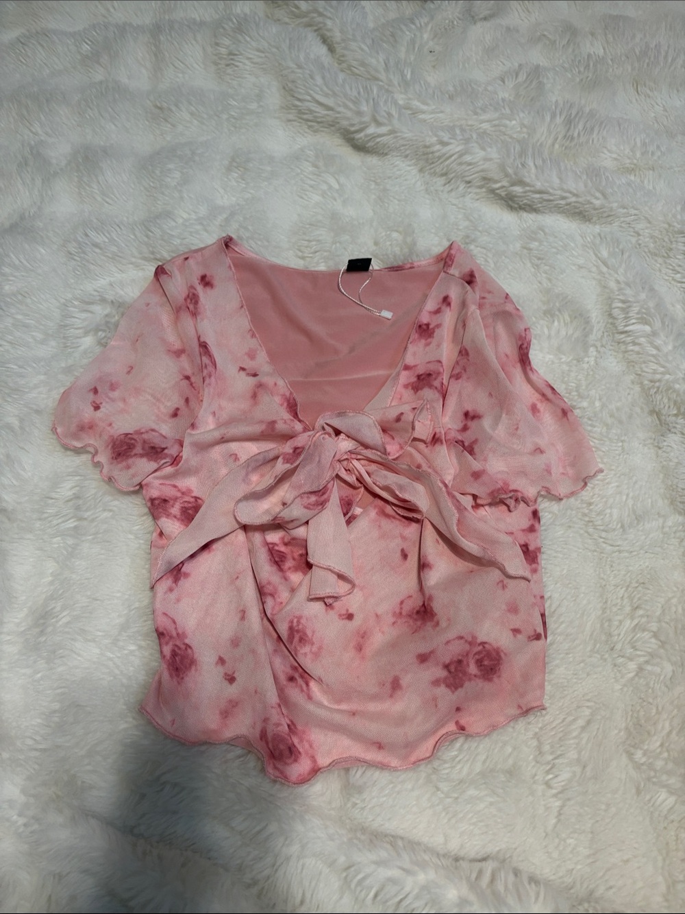 SHEIN Pink Floral Tie-Front Short Sleeve Blouse with Bow